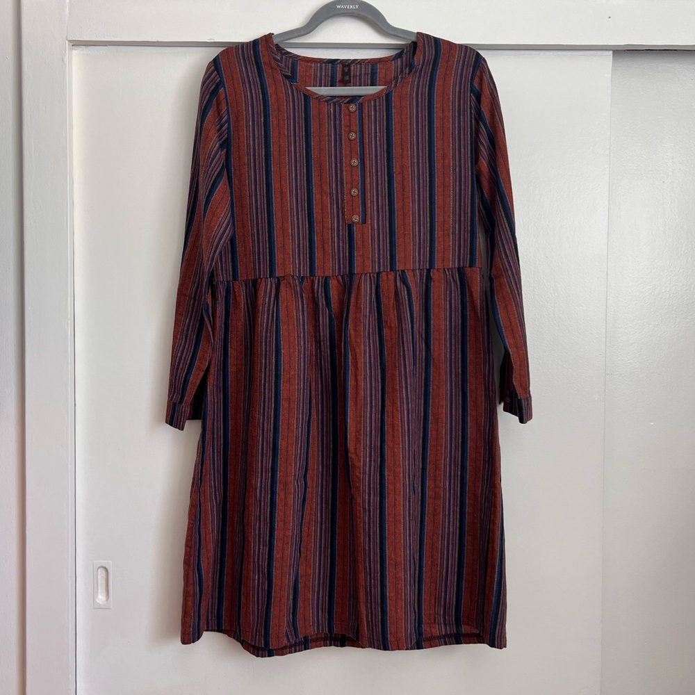 Linen Blend Striped Rust and Navy Dress Size S/M